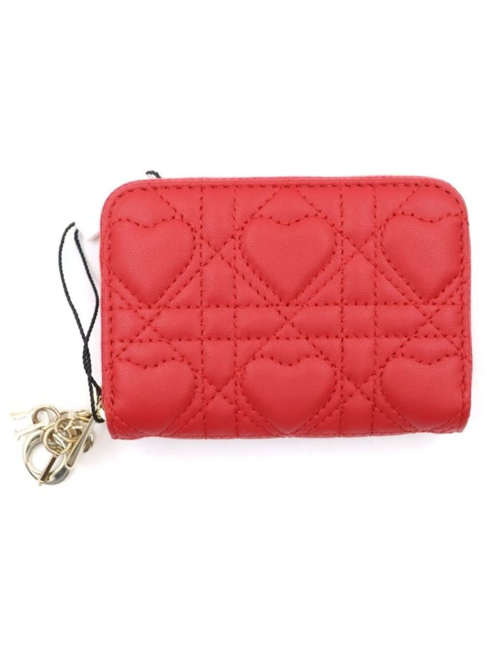 Dior Cannage Heart Mini Wallet Coin Purse Red Leather Gold